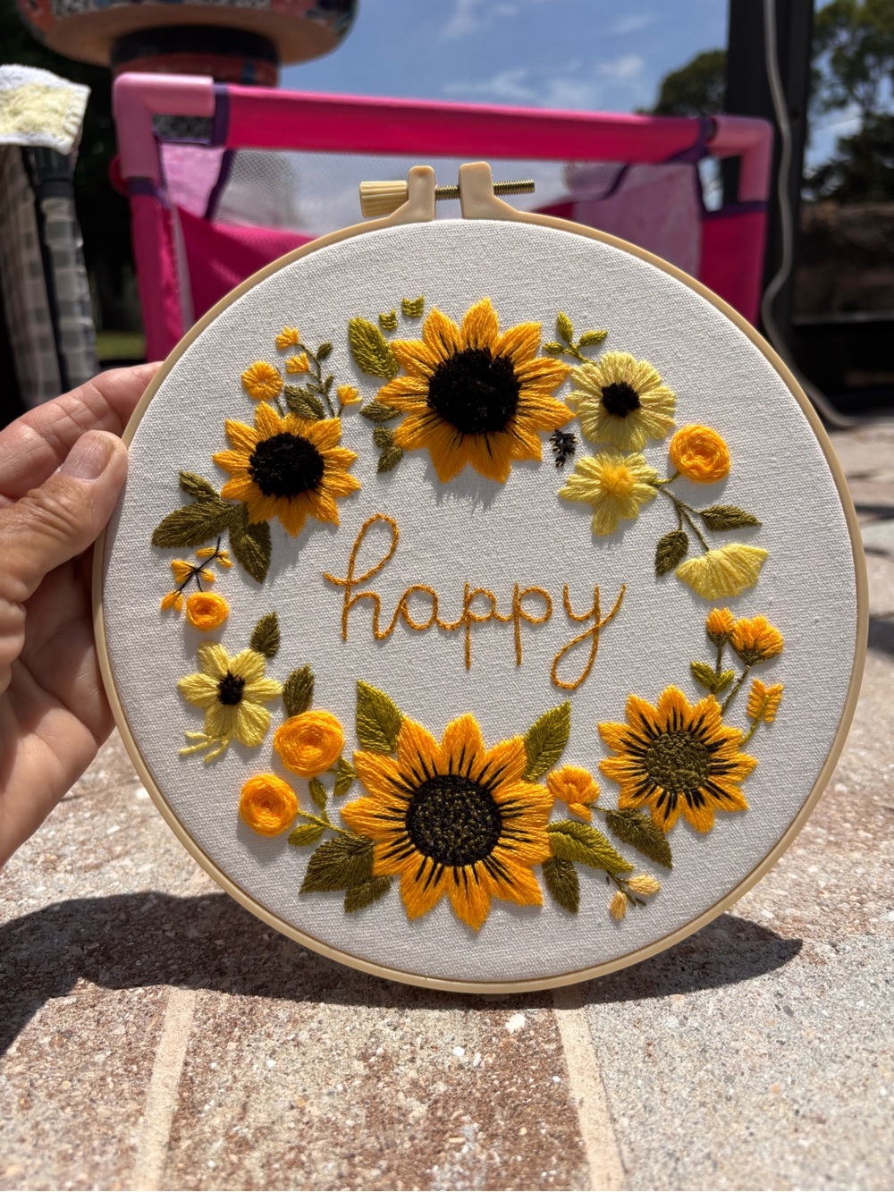 Handcrafted 8” Sunflower Embroidery Hoop - "Happy"